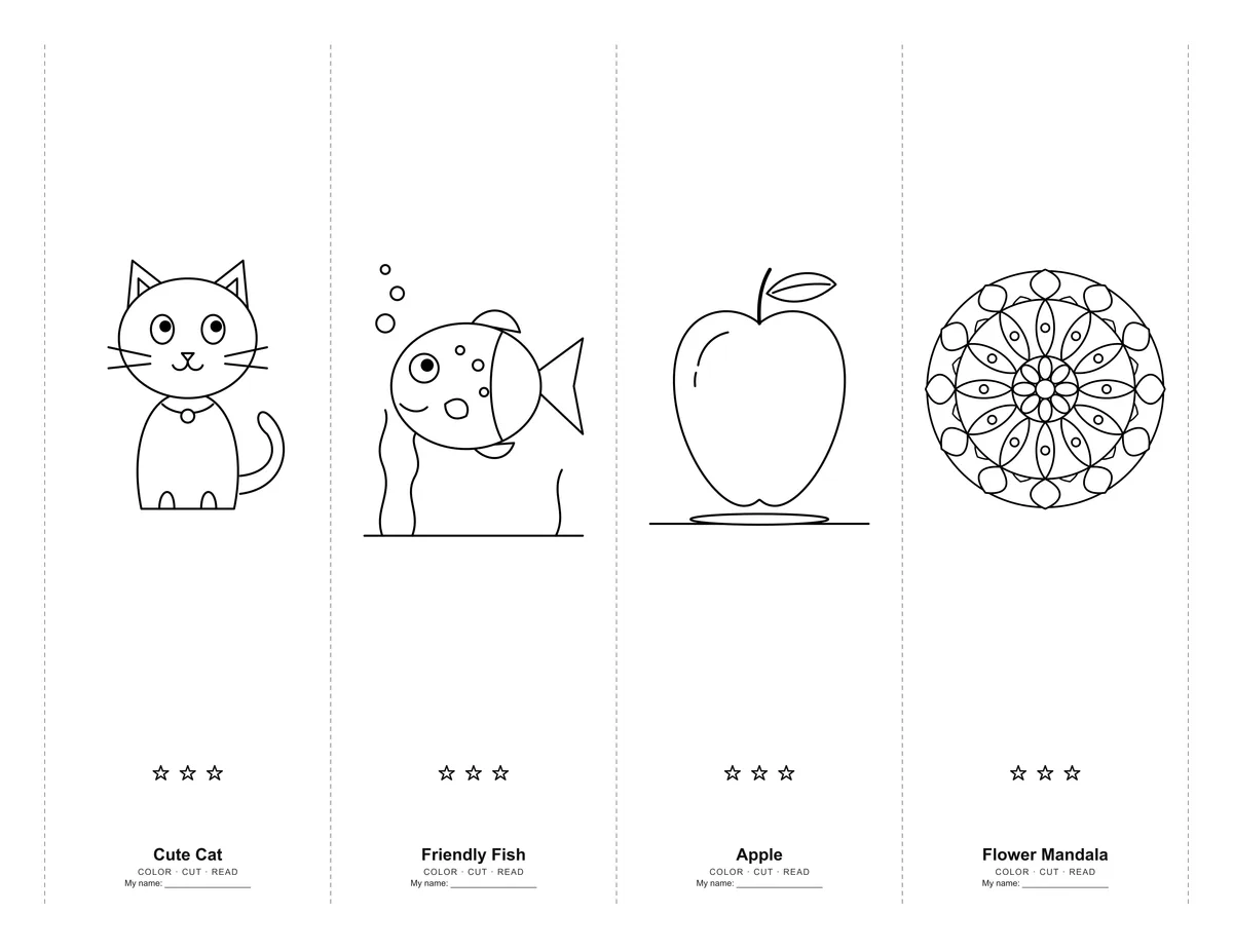 Preview of four printable colouring bookmarks on a US Letter sheet