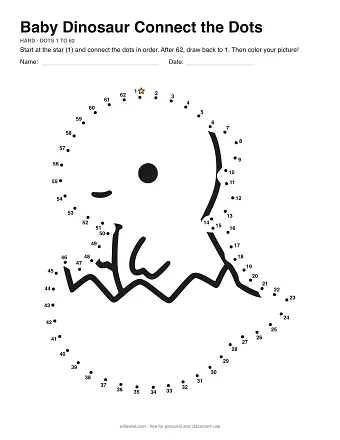 Baby Dinosaur connect the dots worksheet: numbered dots around the picture's outline