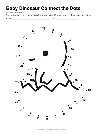 Baby Dinosaur connect the dots worksheet: numbered dots around the picture's outline