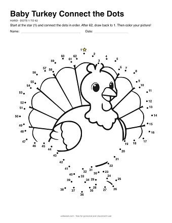Baby Turkey connect the dots worksheet: numbered dots around the picture's outline