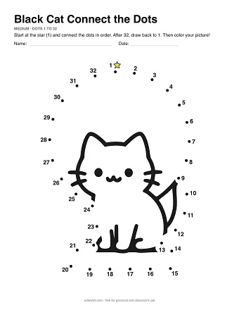Black Cat connect the dots worksheet: numbered dots around the picture's outline