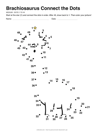 Brachiosaurus connect the dots worksheet: numbered dots around the picture's outline