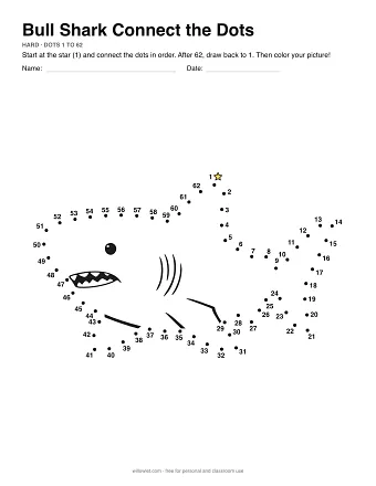 Bull Shark connect the dots worksheet: numbered dots around the picture's outline