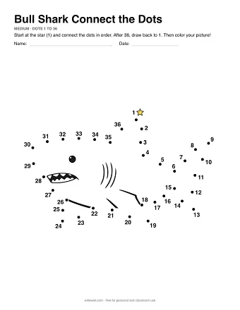 Bull Shark connect the dots worksheet: numbered dots around the picture's outline
