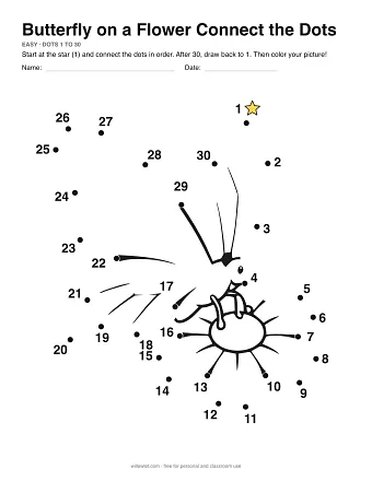 Butterfly on a Flower connect the dots worksheet: numbered dots around the picture's outline