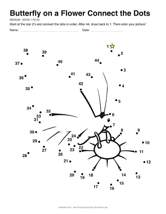 Butterfly on a Flower connect the dots worksheet: numbered dots around the picture's outline