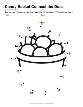 Candy Bucket connect the dots worksheet: numbered dots around the picture's outline