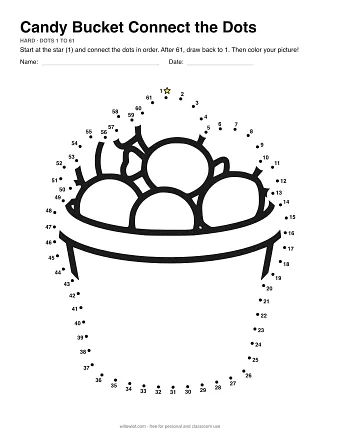 Candy Bucket connect the dots worksheet: numbered dots around the picture's outline