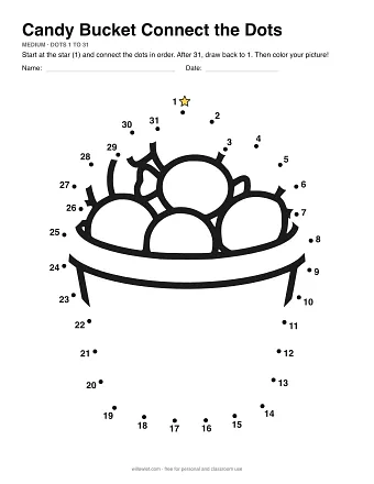 Candy Bucket connect the dots worksheet: numbered dots around the picture's outline