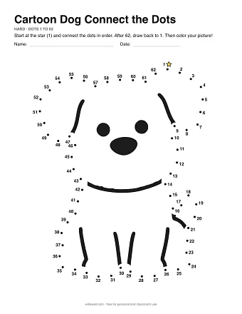Cartoon Dog connect the dots worksheet: numbered dots around the picture's outline