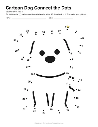 Cartoon Dog connect the dots worksheet: numbered dots around the picture's outline
