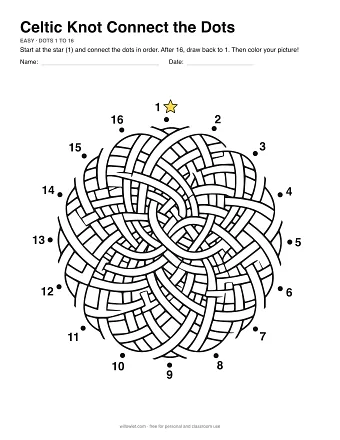 Celtic Knot connect the dots worksheet: numbered dots around the picture's outline