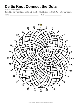 Celtic Knot connect the dots worksheet: numbered dots around the picture's outline