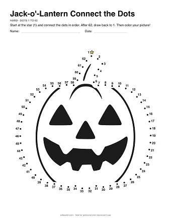 Jack-o'-Lantern connect the dots worksheet: numbered dots around the picture's outline