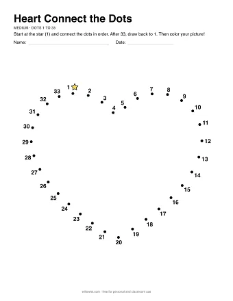 Heart connect the dots worksheet: numbered dots around the picture's outline