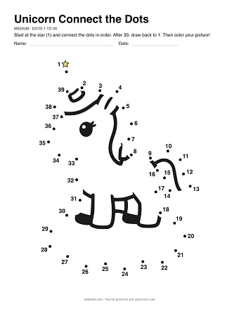 Unicorn connect the dots worksheet: numbered dots around the picture's outline