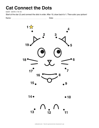 Cat dot to dot worksheet: numbered dots around the picture's outline