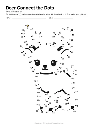 Deer dot to dot worksheet: numbered dots around the picture's outline