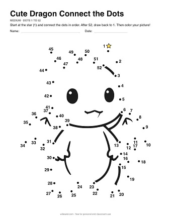 Cute Dragon connect the dots worksheet: numbered dots around the picture's outline
