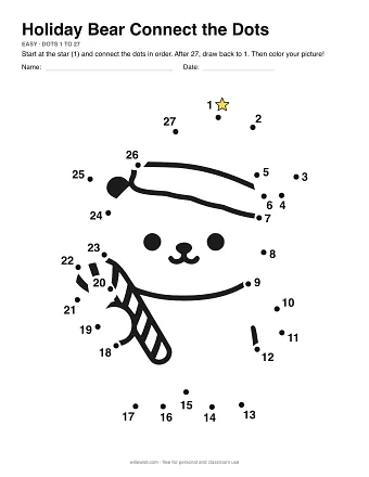 Holiday Bear dot to dot worksheet: numbered dots around the picture's outline
