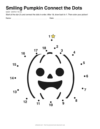 Smiling Pumpkin connect the dots worksheet: numbered dots around the picture's outline