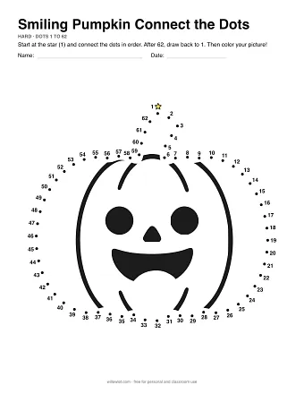 Smiling Pumpkin connect the dots worksheet: numbered dots around the picture's outline