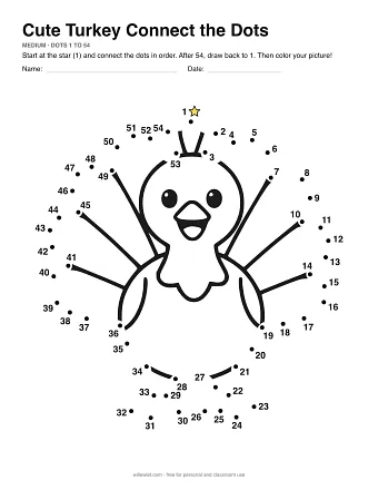 Cute Turkey connect the dots worksheet: numbered dots around the picture's outline