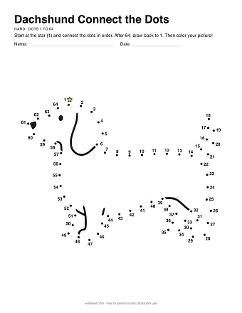 Dachshund connect the dots worksheet: numbered dots around the picture's outline