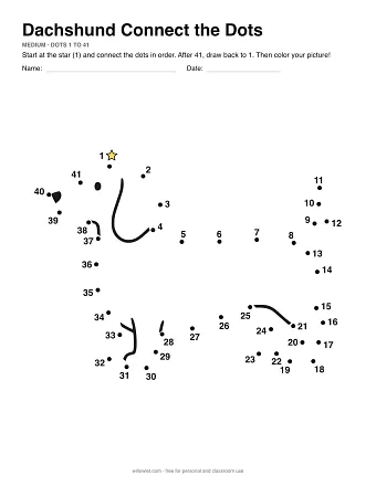 Dachshund connect the dots worksheet: numbered dots around the picture's outline
