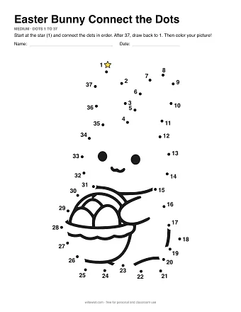 Easter Bunny connect the dots worksheet: numbered dots around the picture's outline
