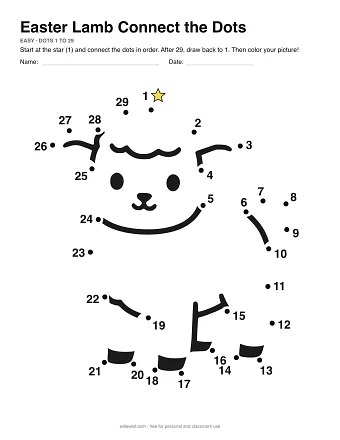 Easter Lamb connect the dots worksheet: numbered dots around the picture's outline