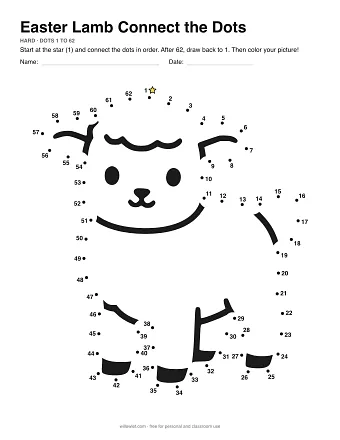 Easter Lamb connect the dots worksheet: numbered dots around the picture's outline
