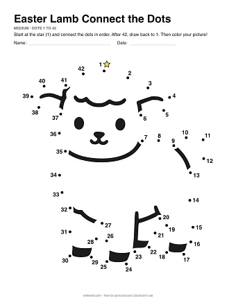 Easter Lamb connect the dots worksheet: numbered dots around the picture's outline