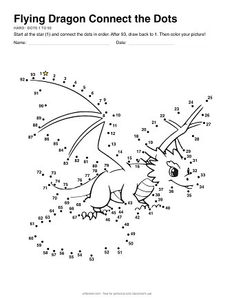 Flying Dragon connect the dots worksheet: numbered dots around the picture's outline