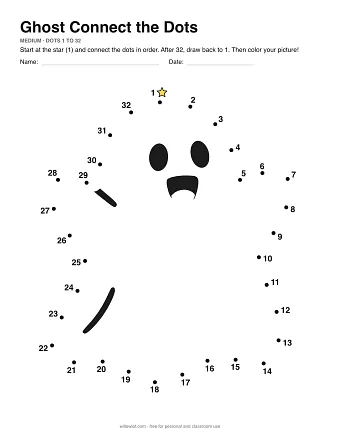 Ghost connect the dots worksheet: numbered dots around the picture's outline