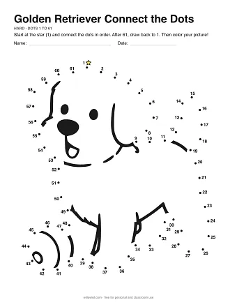 Golden Retriever connect the dots worksheet: numbered dots around the picture's outline