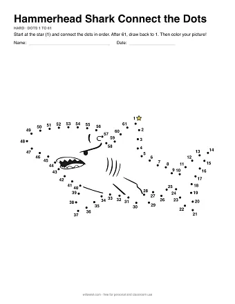 Hammerhead Shark connect the dots worksheet: numbered dots around the picture's outline