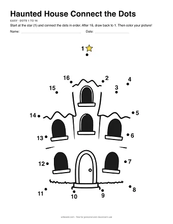 Haunted House connect the dots worksheet: numbered dots around the picture's outline