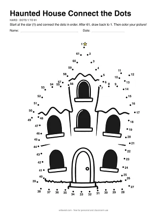 Haunted House connect the dots worksheet: numbered dots around the picture's outline