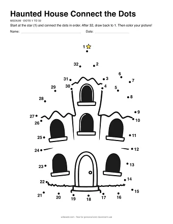 Haunted House connect the dots worksheet: numbered dots around the picture's outline