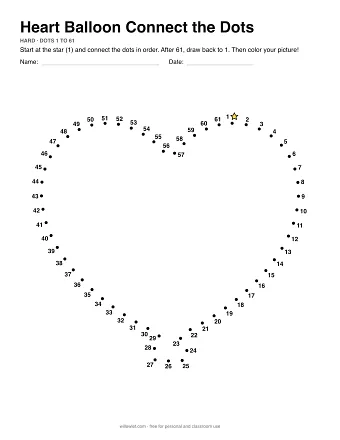 Heart Balloon connect the dots worksheet: numbered dots around the picture's outline