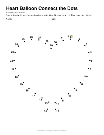 Heart Balloon connect the dots worksheet: numbered dots around the picture's outline