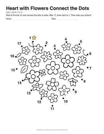 Heart with Flowers connect the dots worksheet: numbered dots around the picture's outline
