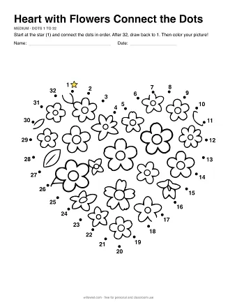 Heart with Flowers connect the dots worksheet: numbered dots around the picture's outline