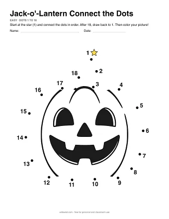 Jack-o'-Lantern connect the dots worksheet: numbered dots around the picture's outline