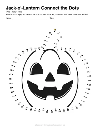 Jack-o'-Lantern connect the dots worksheet: numbered dots around the picture's outline