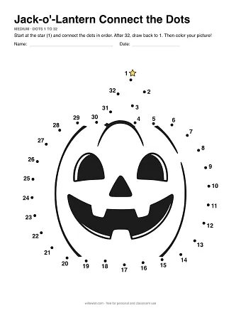 Jack-o'-Lantern connect the dots worksheet: numbered dots around the picture's outline
