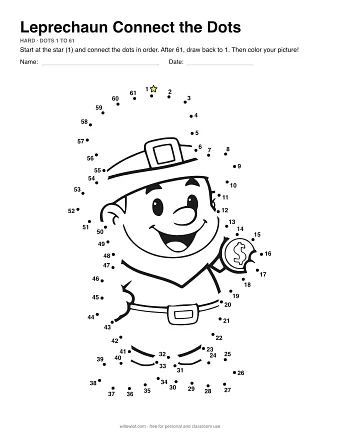 Leprechaun connect the dots worksheet: numbered dots around the picture's outline