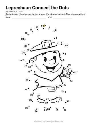 Leprechaun connect the dots worksheet: numbered dots around the picture's outline