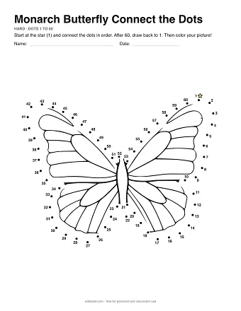 Monarch Butterfly connect the dots worksheet: numbered dots around the picture's outline